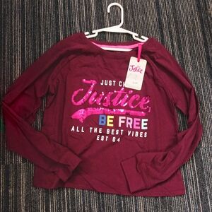Justice Maroon Sequin Logo Long Sleeve Tee - "Be Free"